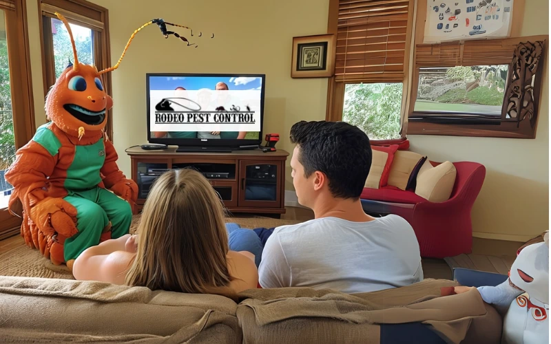 Image of a couple sitting in their living room with a termite mascot. They are looking at a tv with the Rodeo Pest Control Logo